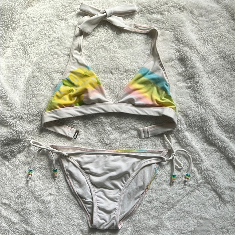 White and Yellow Bikini with Geometric Color Blocking